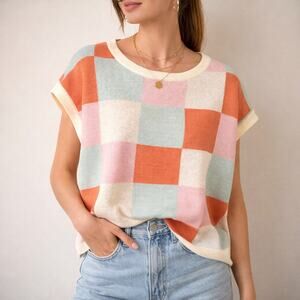Oversized Soft Girl Checker Cap Sleeve Sweater Womens Boxy Pastel Knit Large NWT